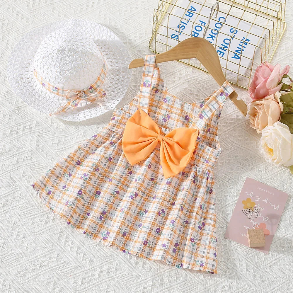 (0-3 Years Old) Summer Baby Girl Cotton Plaid Flower Suspender Dress Cute Bow Beach Dress With Hat