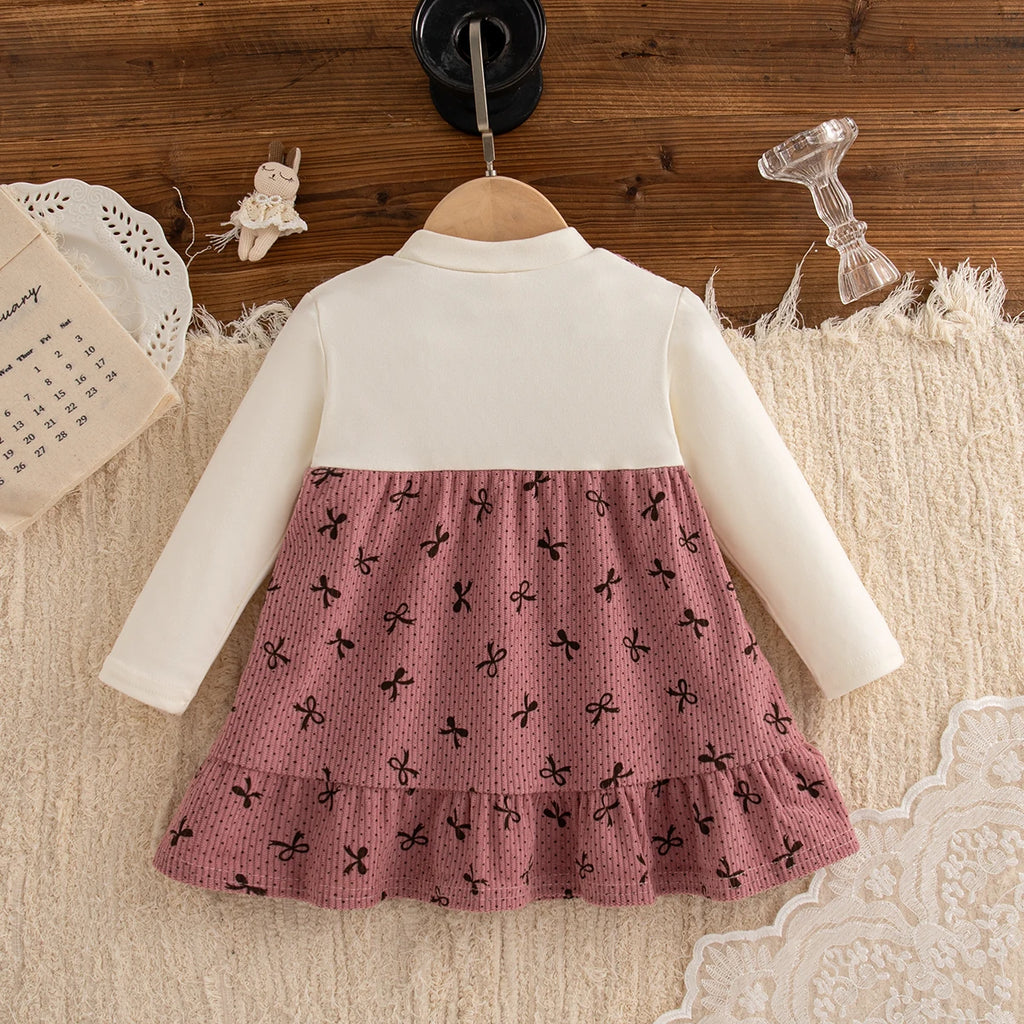 Spring And Autumn New Sweet Bow Baby Girl Dress, Cute Fake Two Piece Children'S Long Sleeve Clothes (9 Months -3 Years Old)