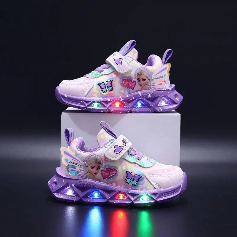 Disney LED Casual Sneakers For Spring Girls Frozen Elsa Princess Print Pu Leather Shoes Children Lighted Non-slip Pink Purple