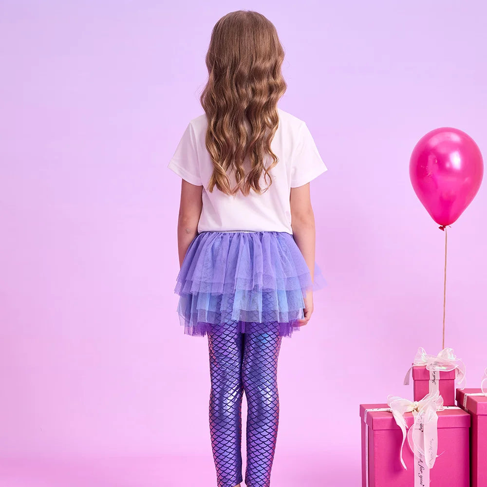 VIKITA Girls Mermaid Print Leggings with Skirts Fake 2 Pcs Children Trousers Skirt Casual Outer Trousers Mesh Tutu Skirts Pants