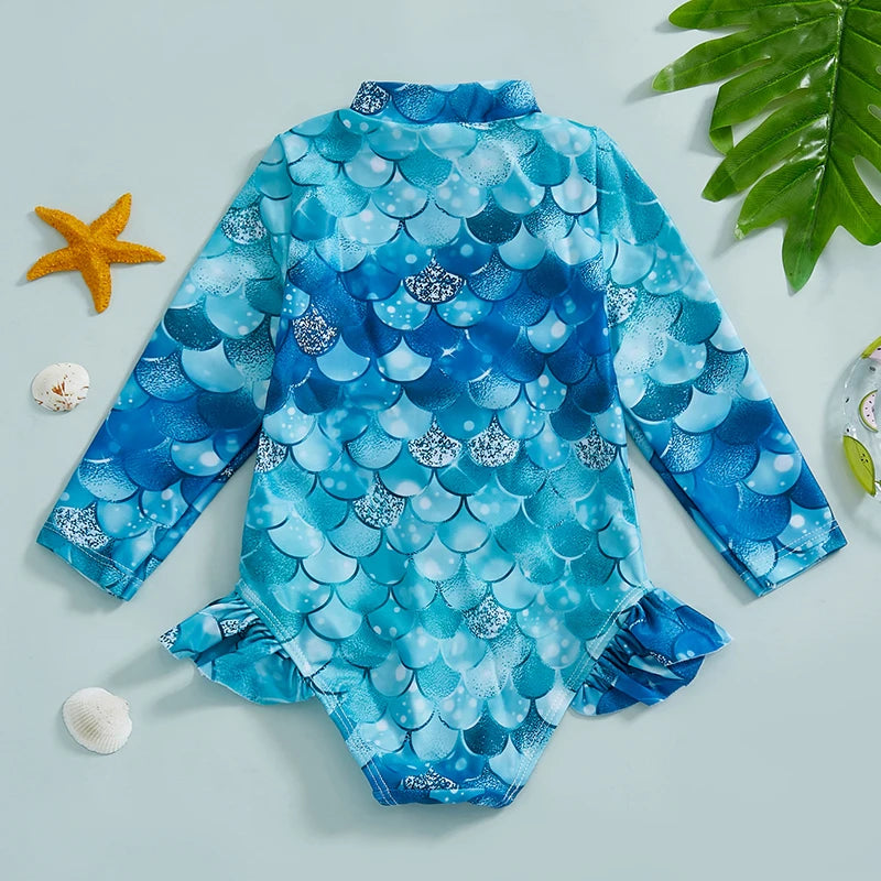 Mermaid Print  Swimsuit with Zipper Closure and Ruffled Mock Neck for Toddler Girls - UV Protection Rash Guard Bathing