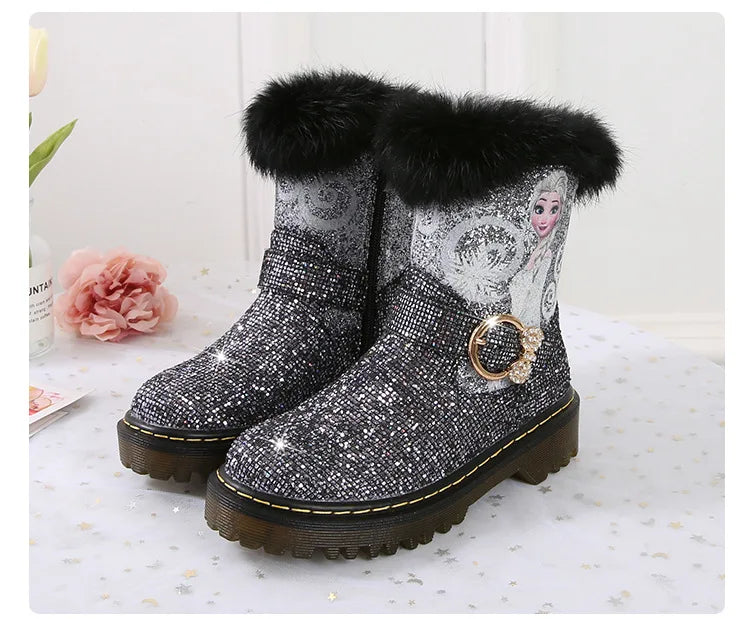 Disney Girls' Boots Winter Fashion Frozen Elsa Princess Boots Children's Short Girls' Cotton Fur Ankle Boots Girls' Pink Shoes