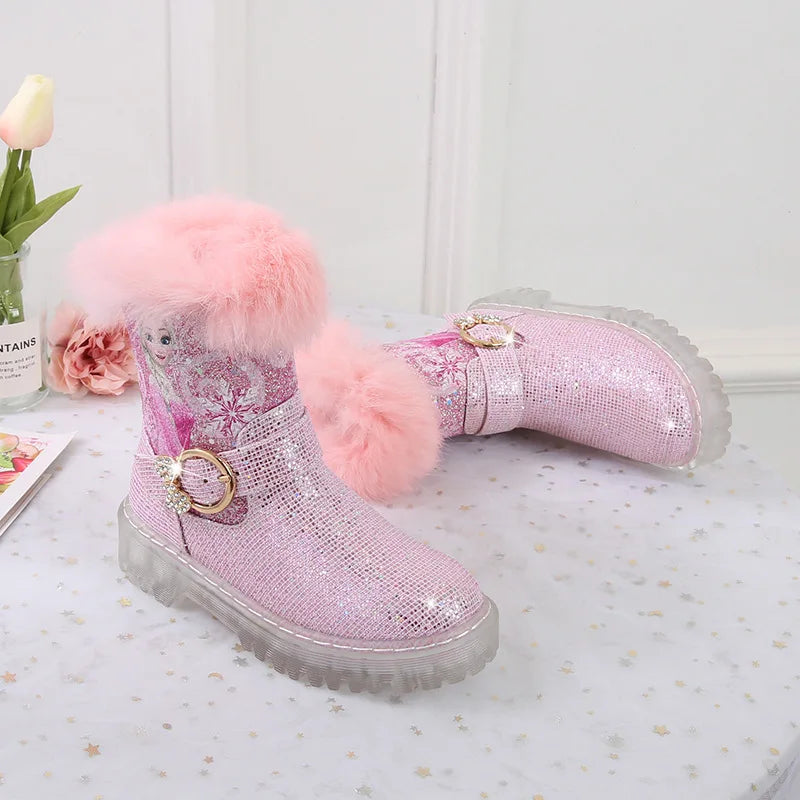Disney Girls' Boots Winter Fashion Frozen Elsa Princess Boots Children's Short Girls' Cotton Fur Ankle Boots Girls' Pink Shoes