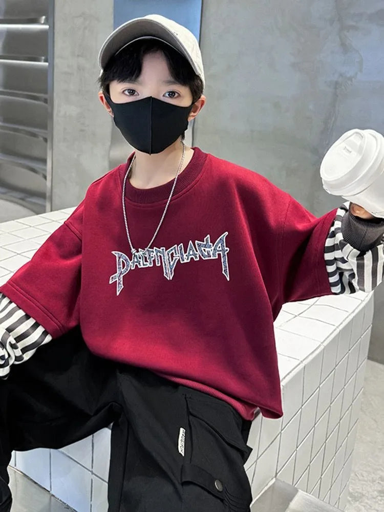 Boys' Medium-Large 2025 New Arrival No Hood Long Sleeve Fake Two-Piece Loose Fit Stylish Sweatshirt for Spring