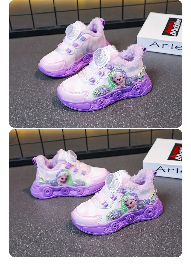 Disney LED Casual Sneakers Pink Purple For Summer Girls Frozen Elsa Princess Print Outdoor Shoes Children Lighted Non-slip Shoes