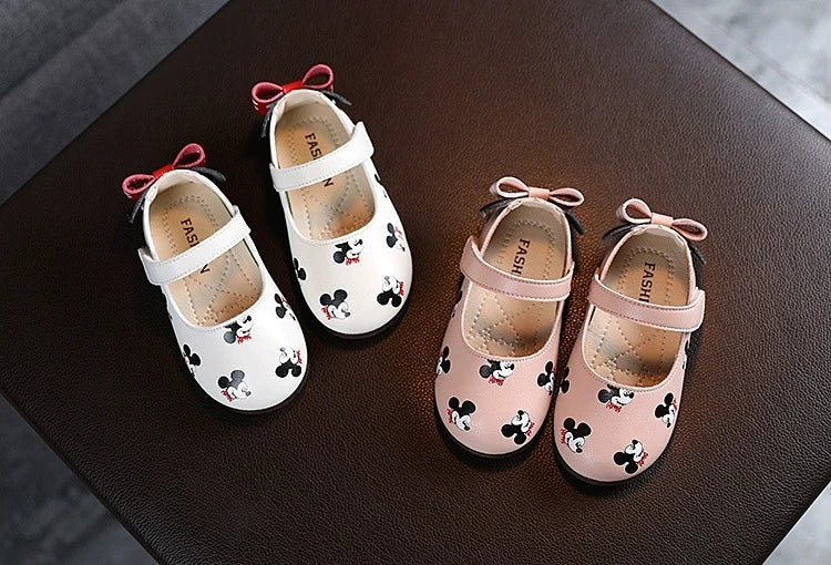 Disney Casual Shoes Kids Mickey Mouse Shoes For Girls Outdoor White Pink PU Leather Children Flats Soft Toddler Size 21-30