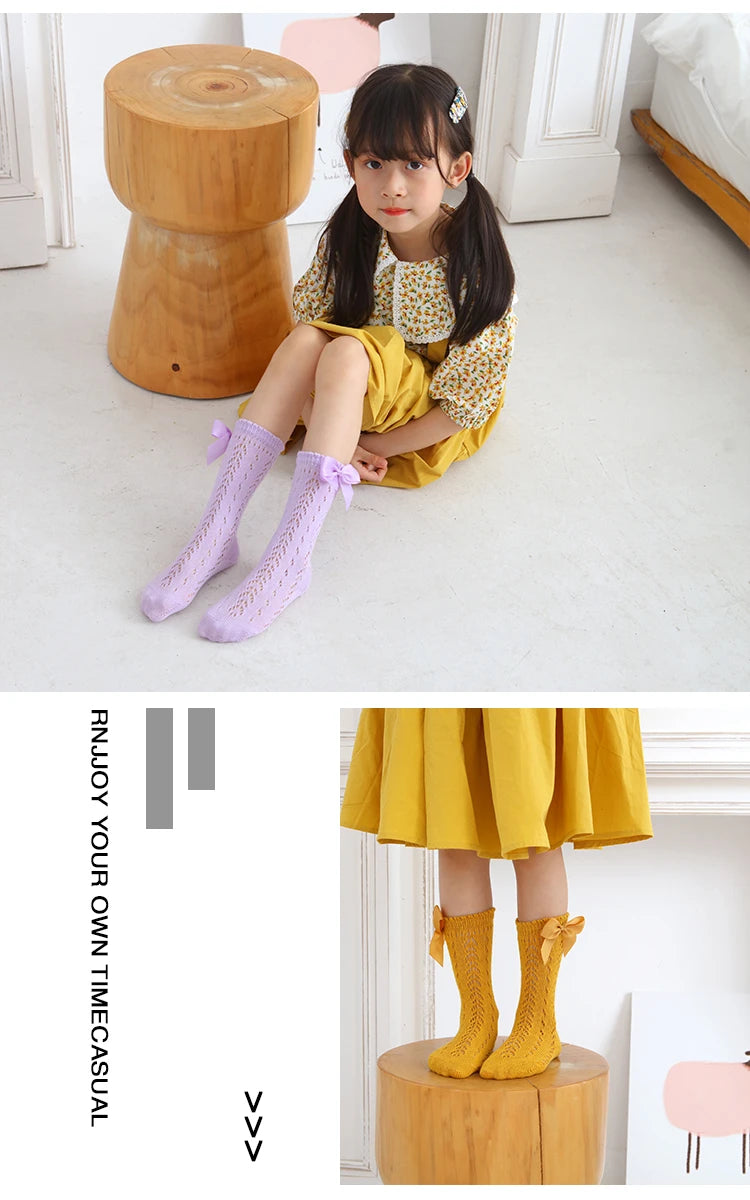 1 Pairs Summer Bow Baby Girls Socks Toddler Long Sock Infant Knee High Cotton Mesh Spanish Style Breathable Socks For 0-8Years