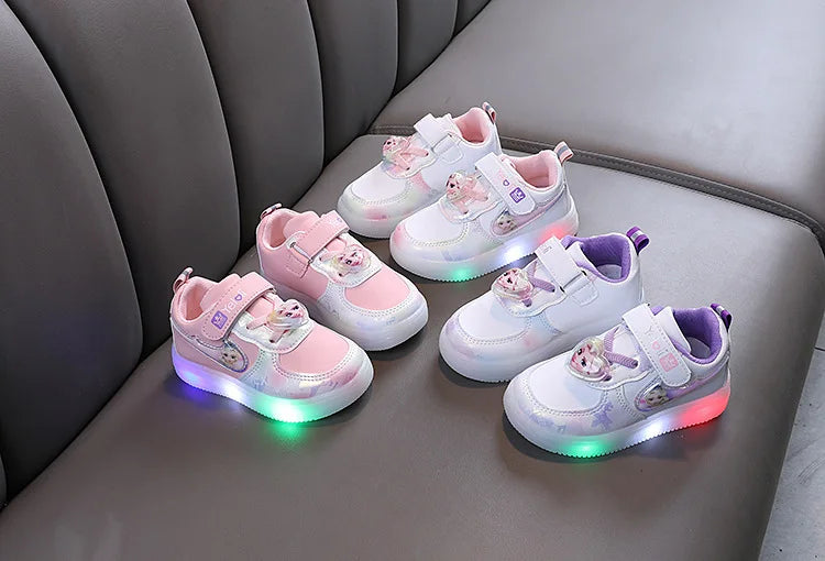 Disney Kids Girls Shoes Children Sneakers Girls Elsa Frozen Princess Casual Sport Student Shoes LED Lights Shoes Size 21-30