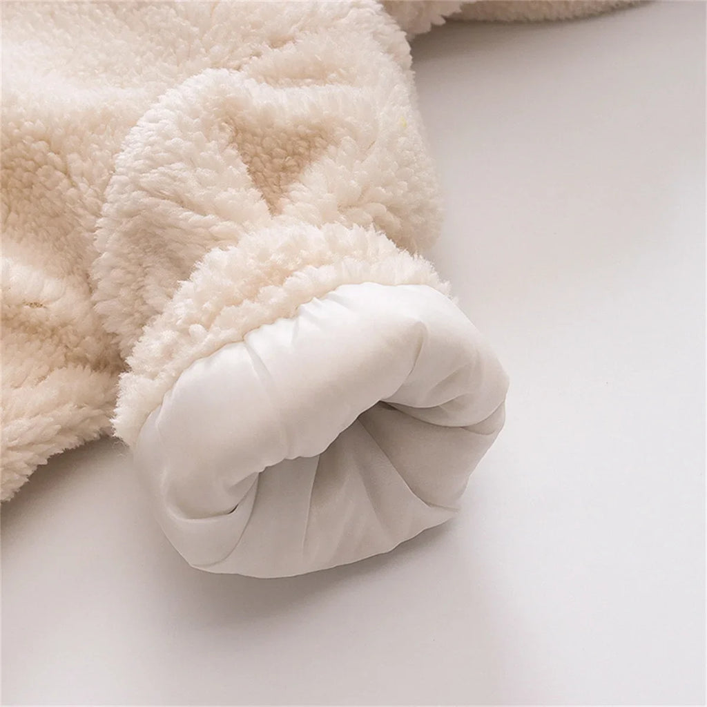 (0-3 Years Old Girls) Winter New Girls' Top Warm Furry Hat Bow Ribbon Warm Cute Hooded Bear Ears Long Sleeve Pocket