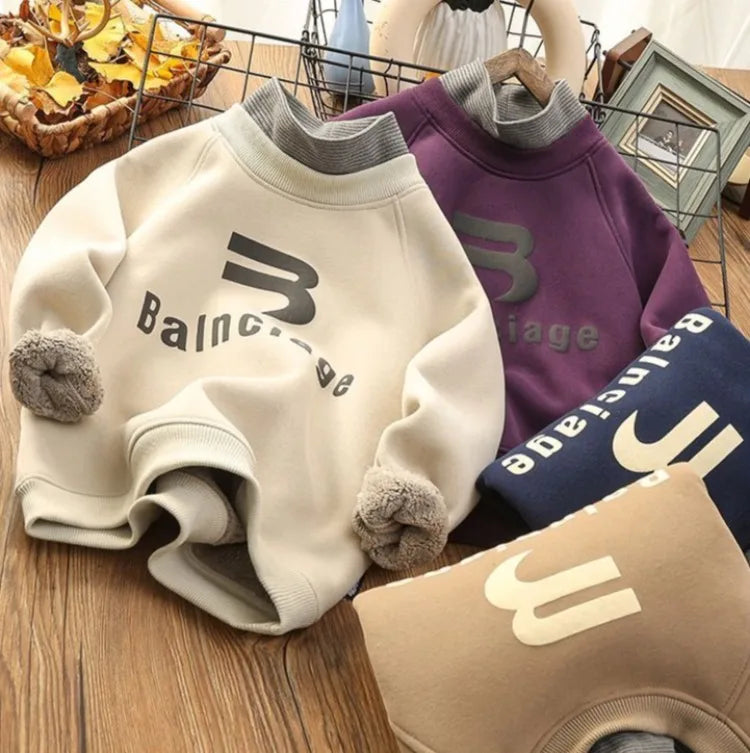 Boys' Big Kids Winter 2025 New Fake Two-Piece Fleece-Lined Mid-Collar Thickened Stylish Base Layer Sweatshirt Tops