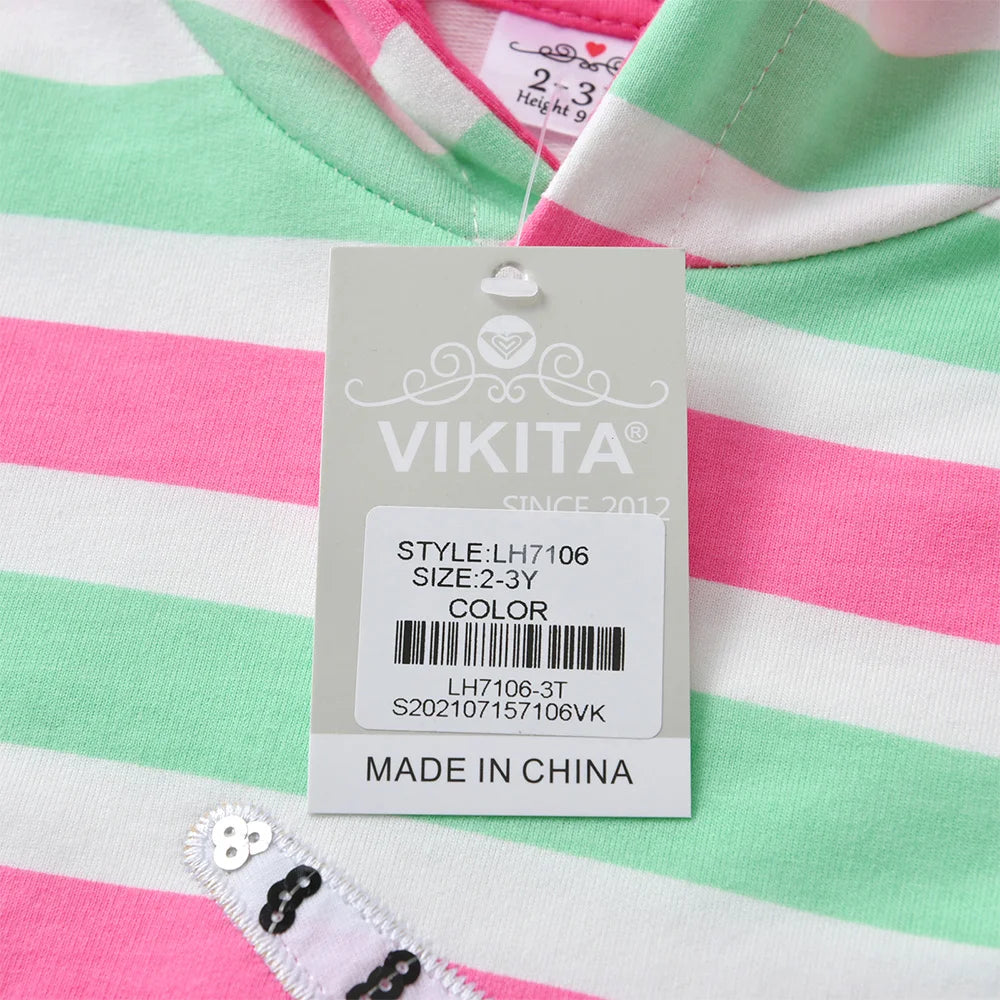 VIKITA Girls Hooded Dress Kids Licorne Appliqued Striped Dresses Girls Autumn Spring Long Sleeve Cotton Casual Straight Dress