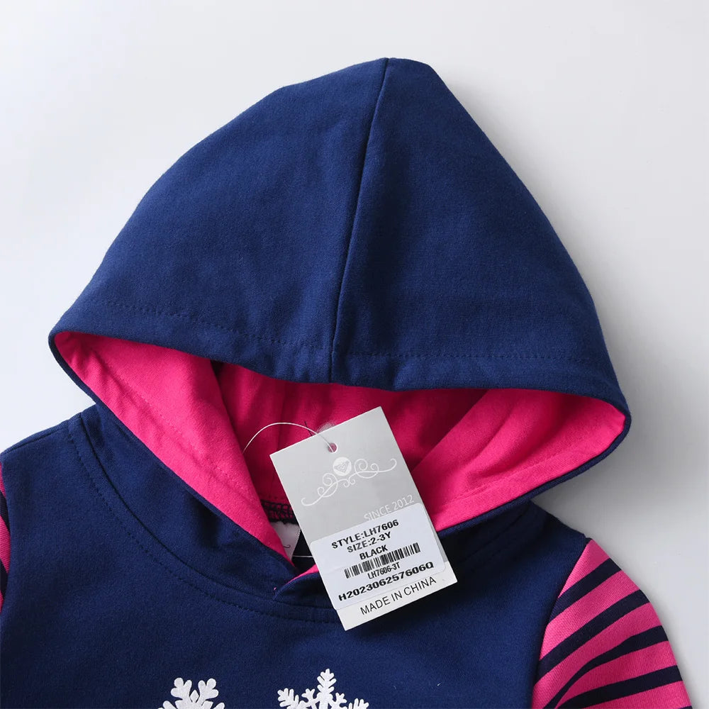 Girls Autumn Winter Hooded Dress Kids Cartoon Snowflakes Striped Straight Dresses Christmas Parties Daily Casual Cotton Dresses
