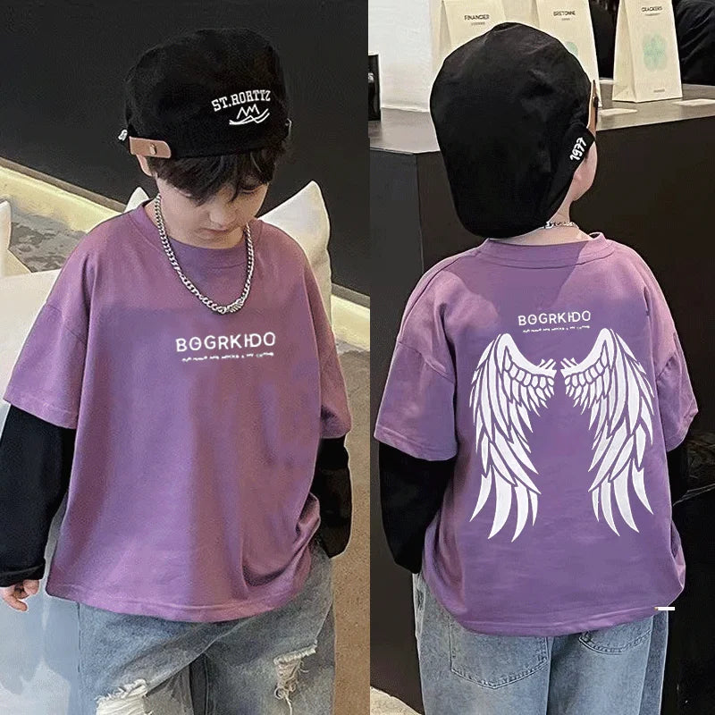 False Two Piece Spring and Autumn Children's Clothing From 8 To 12 Years Boy Child T Shirt Kids Clothes Boys 7 Year Old Wear 10
