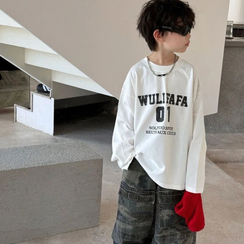 Boys' Vintage Hip-Hop CAMO Wide-Leg Jeans Kids' Spring Autumn 2025 New Release Medium-Large Denim Pants