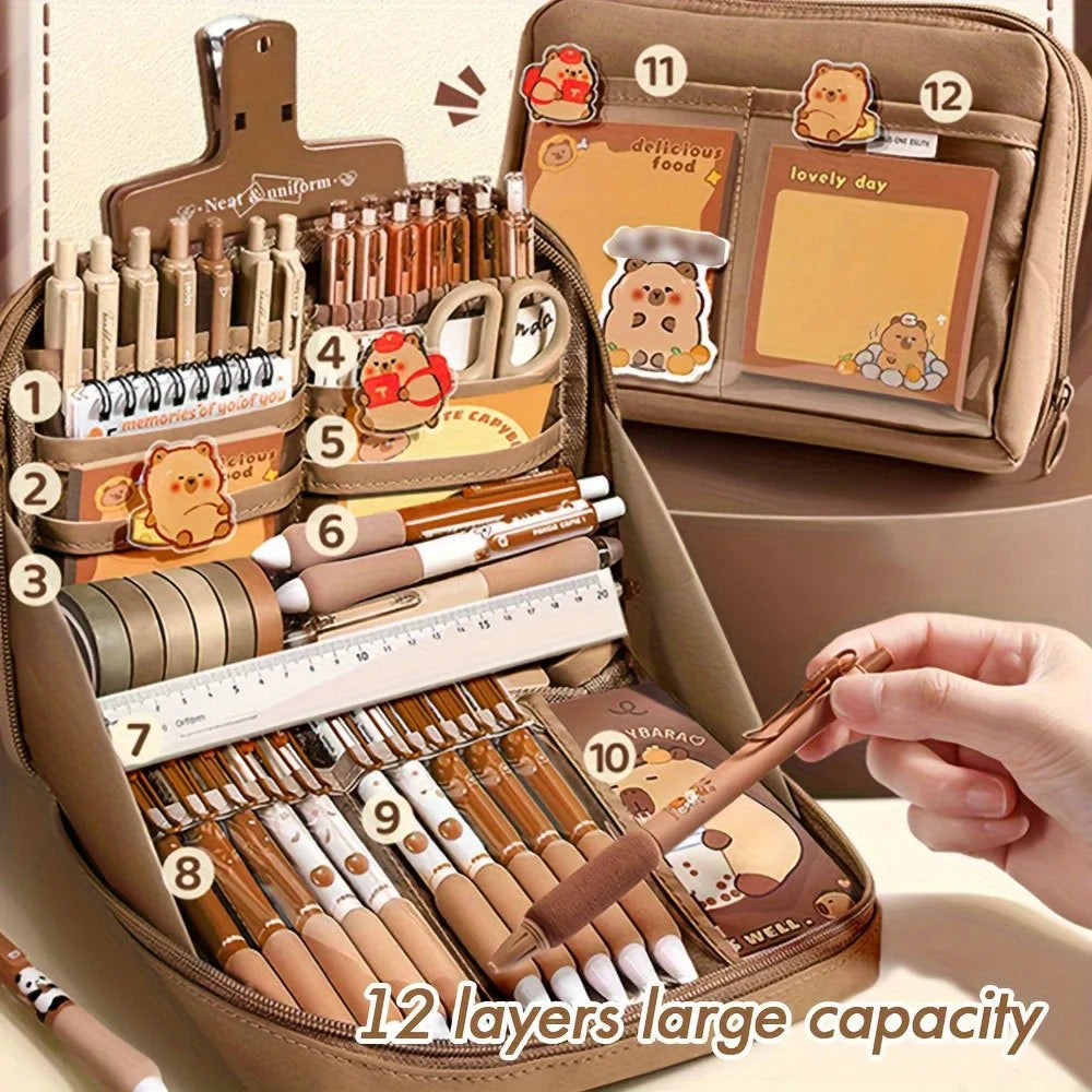 Cute Capybara Stationery Gift Set for Students, Featuring Soft Grip Pens, Notebook, Pencil Case, and Study Essentials Pack