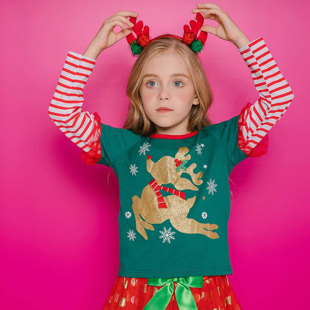 Girls Christmas Green Tops with Ruffle Sleeves Kids Reindeer Snowflake Print Soft Cotton Holiday Party Xmas Festival Tees Gift