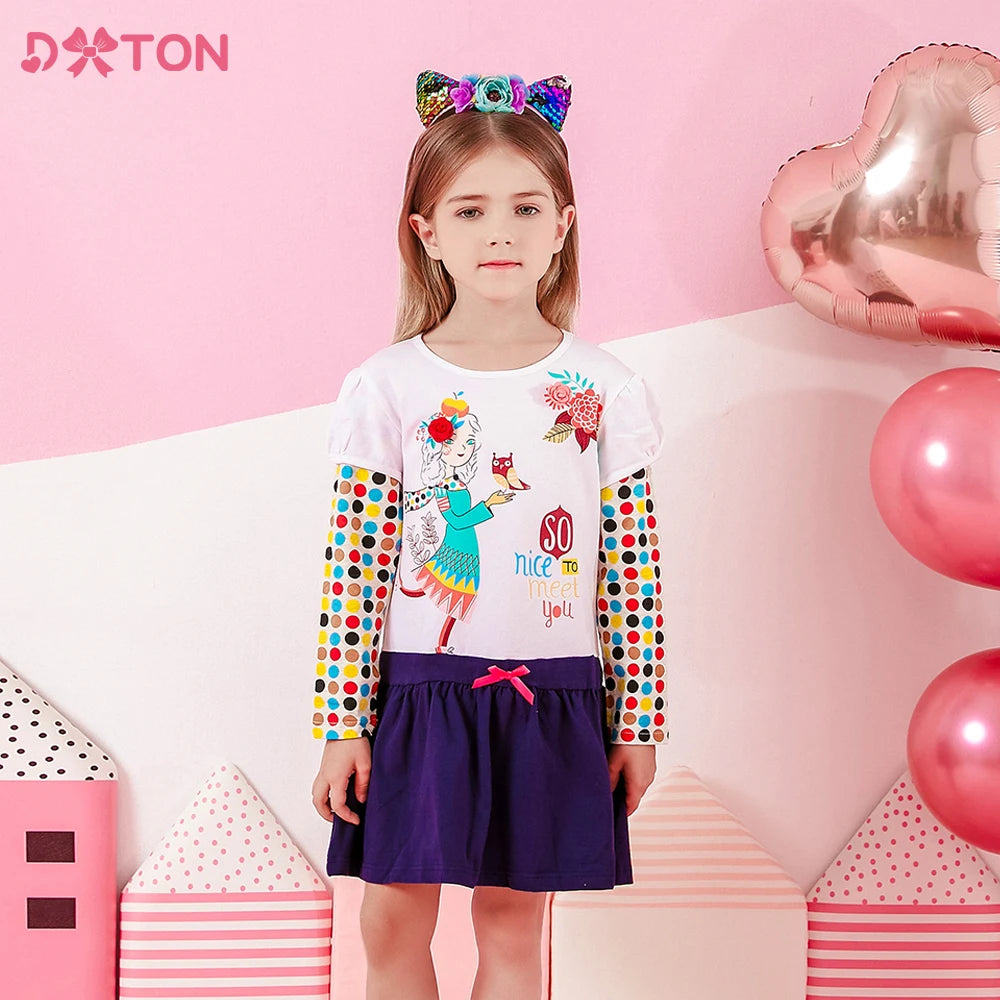 DXTON Girls Cotton Casual Long Sleeve Dresses Autumn Spring Children Polk Dot Cartoon Print Clothes Kids Patchwork Frocks Dress