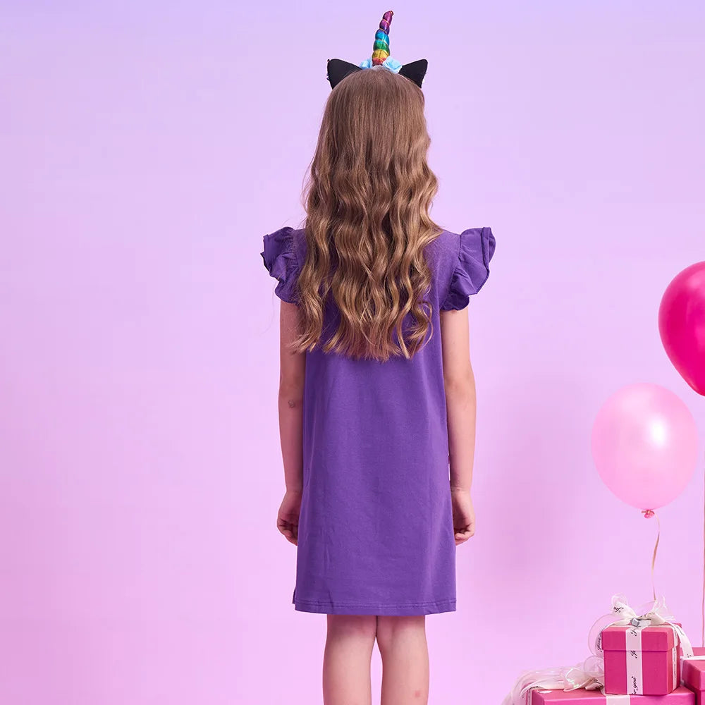 VIKITA Girls Flare Sleeve Summer Dress Kids Cotton Casual Licorne Flower Print Purple Princess Straight Dress Children Clothing