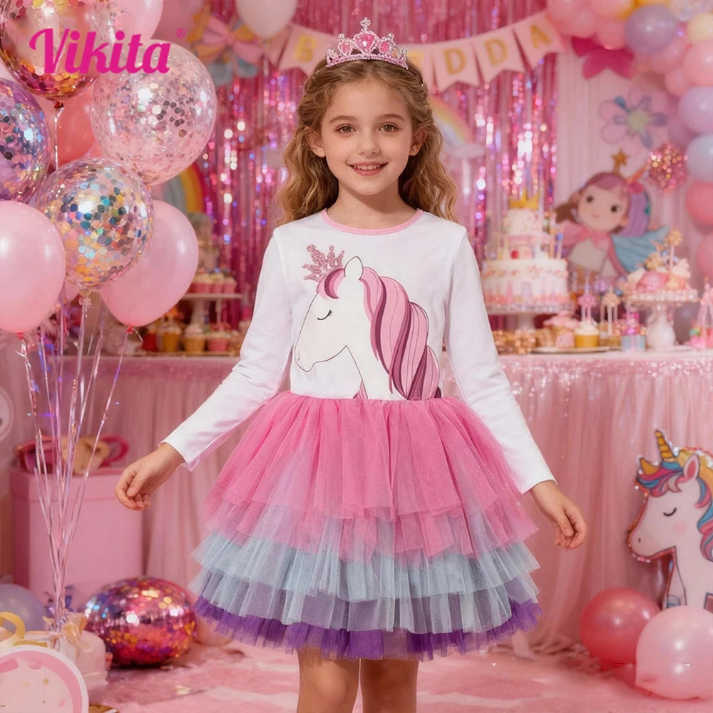 Girls Unicorn Print Long Sleeve Autumn Spring Dress with Tiered Tulle Mesh Tutu Skirt Kids Gradient Glittery Princess Frocks