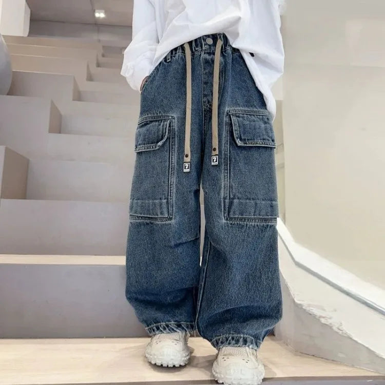 2025 New Boys Cargo Jeans Straight Wide Leg Spring Autumn Toddler Boys Big Boys Spring Fashion Jeans