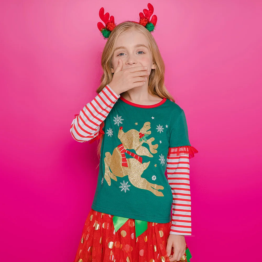 Girls Christmas Green Tops with Ruffle Sleeves Kids Reindeer Snowflake Print Soft Cotton Holiday Party Xmas Festival Tees Gift