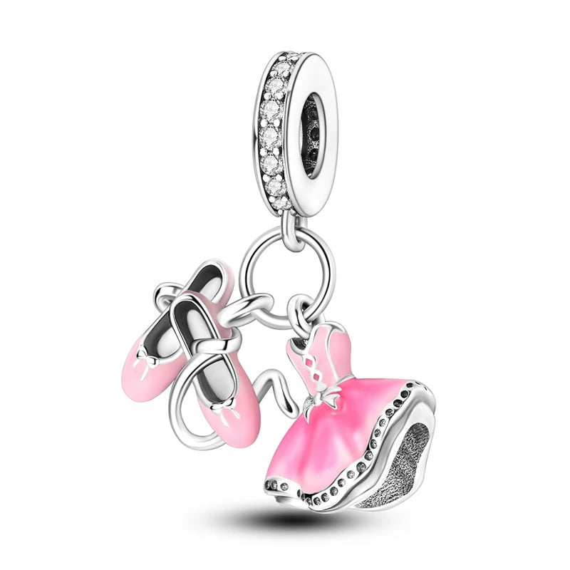 925 Sterling Silver Original Pink Ballet Shoes Charms Ballet Dancer Pendants For Women DIY Bead Fit Original Bracelet Necklace