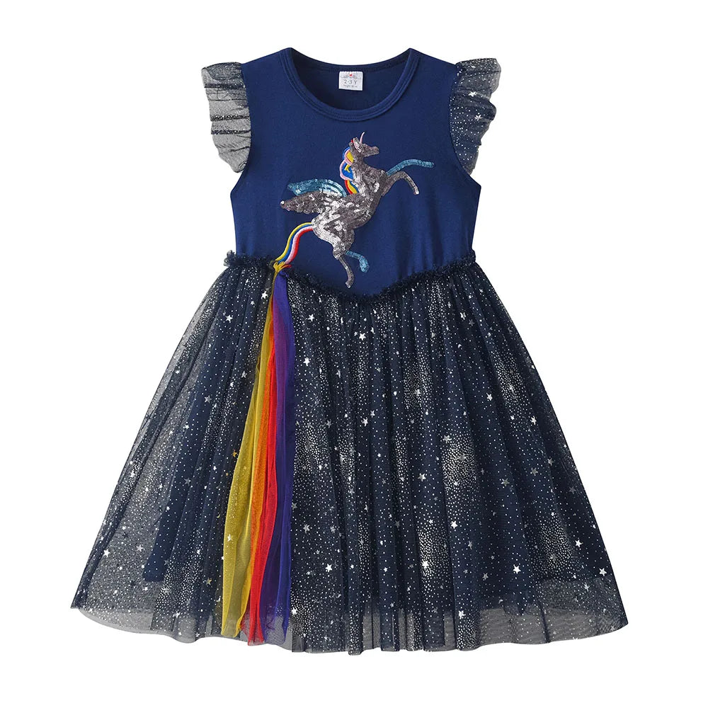 VIKITA Girls Starry Dress Kids Sequins Sleeveless Dresses Kids Elegant Cute Princess Tutu Vestidos Children Summer Tulle Dress