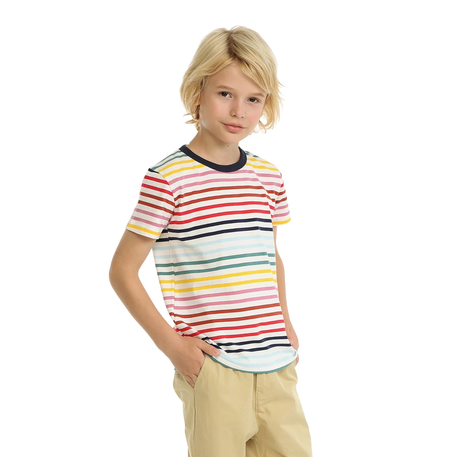 Mudkingdom Big Boys Girls T-Shirt Stripe Rainbow Colorful Solid Plain Color Casual Tops for Kids Clothes Toddler Clothing