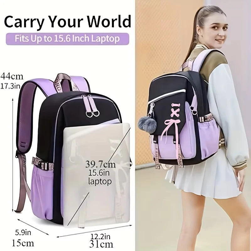 Large Capacity Schoolbag with Cute Plush Pendant Cute Girls Backpack Waterproof Nylon Fabric Bookbag for Kids Teens Students