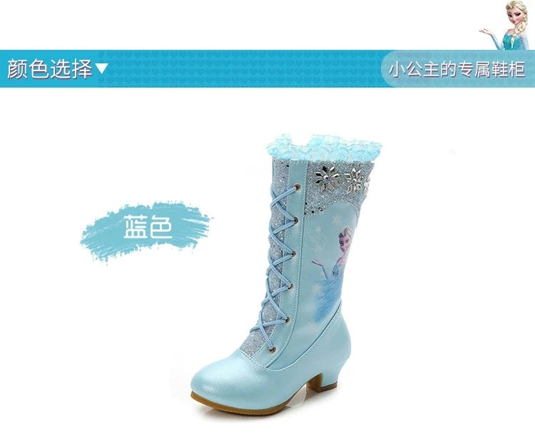 Disney Girls High Heel Boots Winter Children's Long Sleeved Plush Snow Warm Boots Princess Elsa Pink Blue Boots Size 27-37
