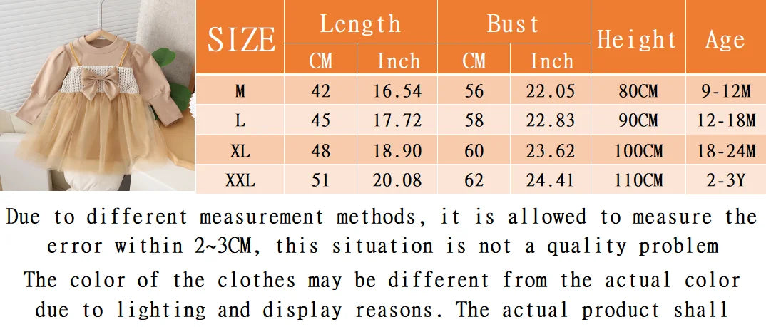 Autumn New Sweet Bow Baby Girl Dress, Princess Style Children'S Clothing Suitable For Babies Aged 9 Months To 3 Years Old