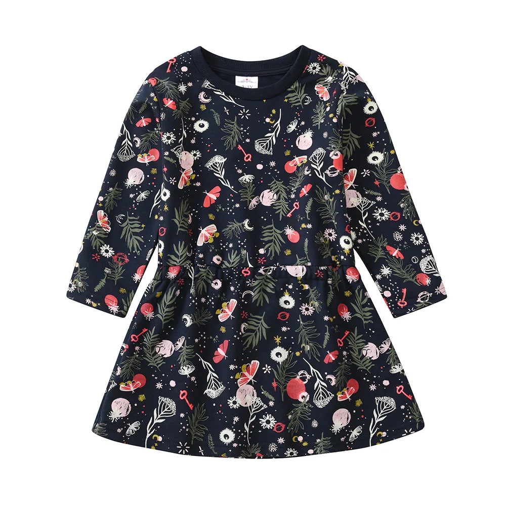 VIKITA Kids Floral Print Dress Girls Long Sleeve Autumn Spring A Line Dresses Girl Cotton Casual School Daily Dress Kids Clothes