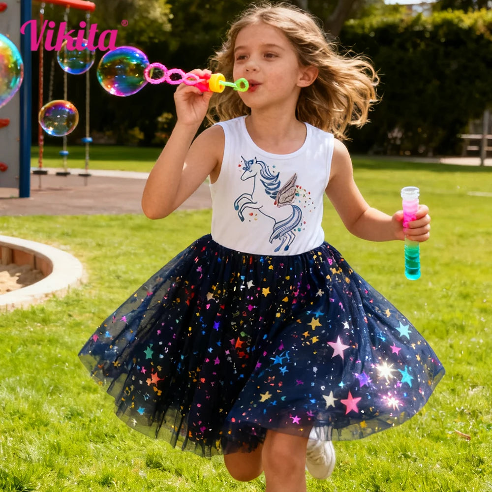 VIKITA Girls Sleeveless Summer Navy Blue Dress Toddlers Patchwork Fashion Cute Licorne Star Shiny Mesh Vacation Dresses 7-12 Yrs