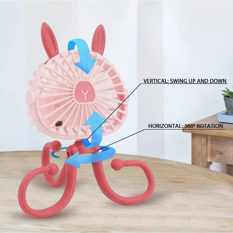 Baby Stroller Cooling Fan, Portable Fan with Tripod Clip on, Handheld Fan USB Rechargeable for Bed, Car Seat, Travel, Camping