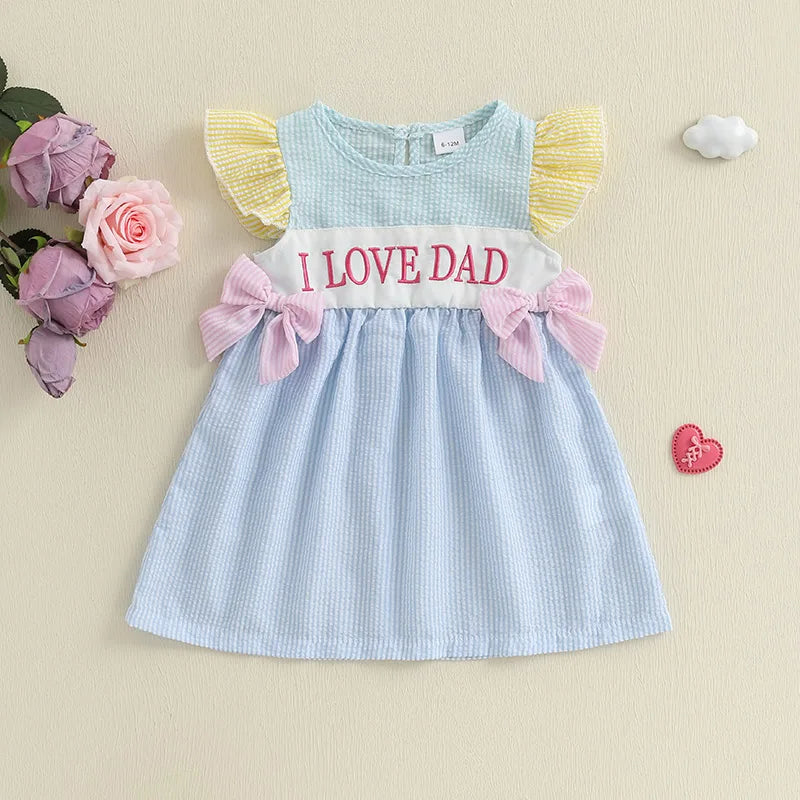 Adorable Infant Girl Sleeveless Dress with Cute Bow Accents Embroidered Letters Striped Design and Ruffled Trim