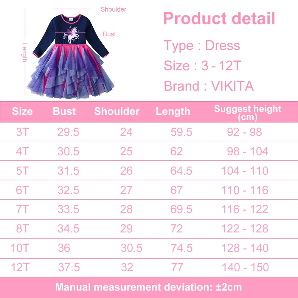 VIKITA Girls Multicolor Tulle Dress Kids Licorne Print Long Sleeve Irregular Tutu Dress for Autumn Teenagers Party Prom Gown