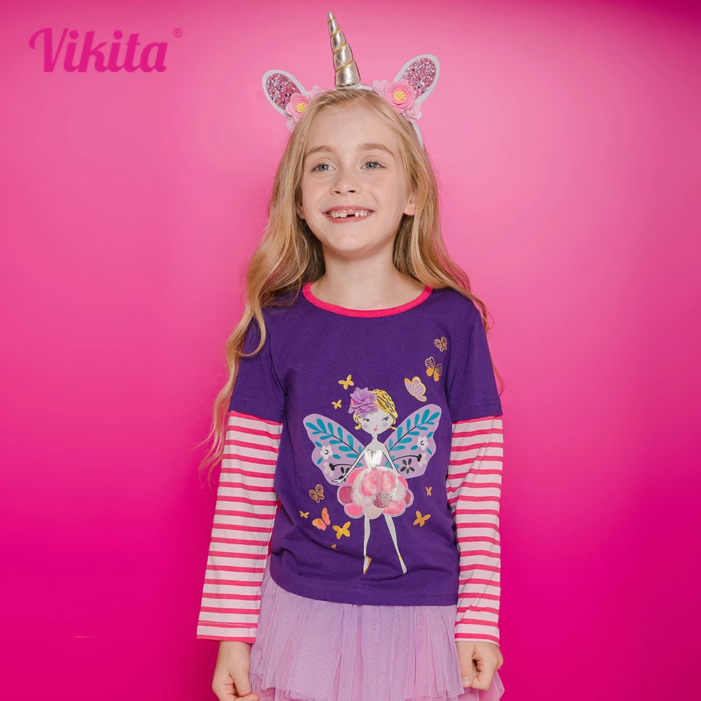 VIKITA Kids Butterfly Doll Cartoon Print T Shirt Girl Autumn Spring Long Sleeve Striped Cotton Casual Tops and Tees Kids Clothes