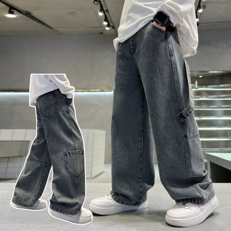 2025 Spring Boys' Wide-Leg Jeans Loose-Fit Trendy Streetwear for Kids Ages 8-14