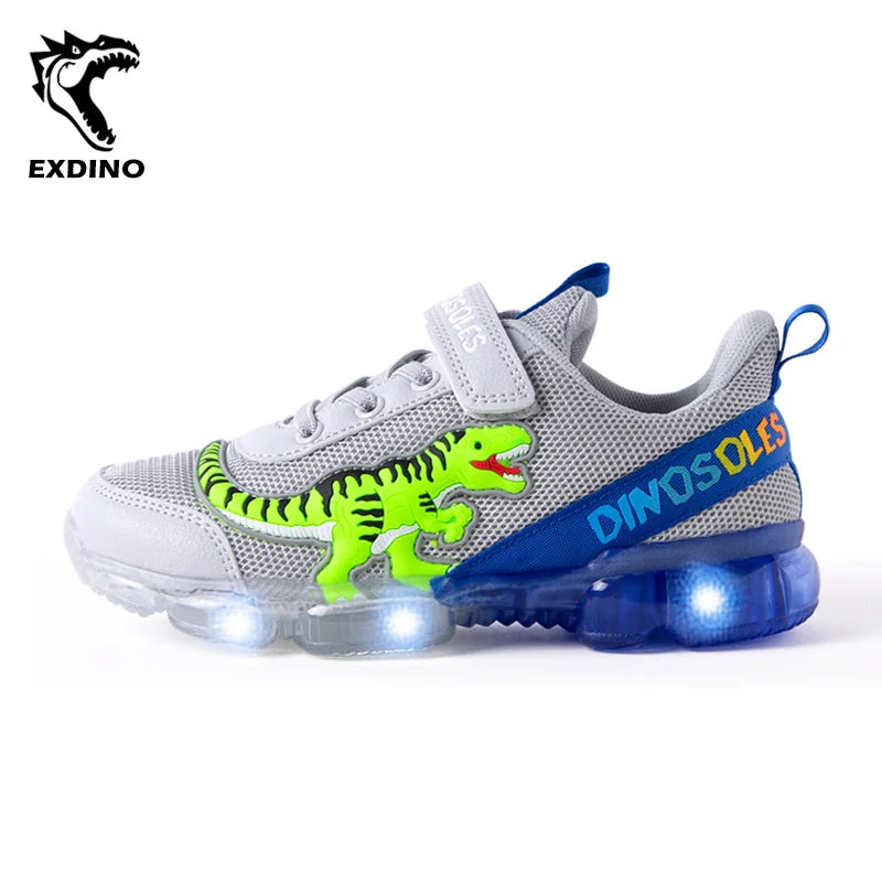 EXDINO T-REX LED 2-9Y Boys Spring Autumn Mesh Tennis Shoes Glowing Children's Kids Flashing Jelly Sole Light Up Casual Sneakers