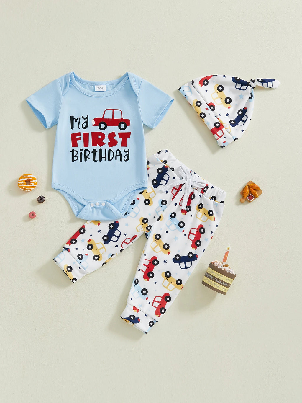 Toddler Boy Birthday Clothes Short Sleeve One Print Romper Car Pattern Long Pants Hat 3 Piece Outfit Set for Boys