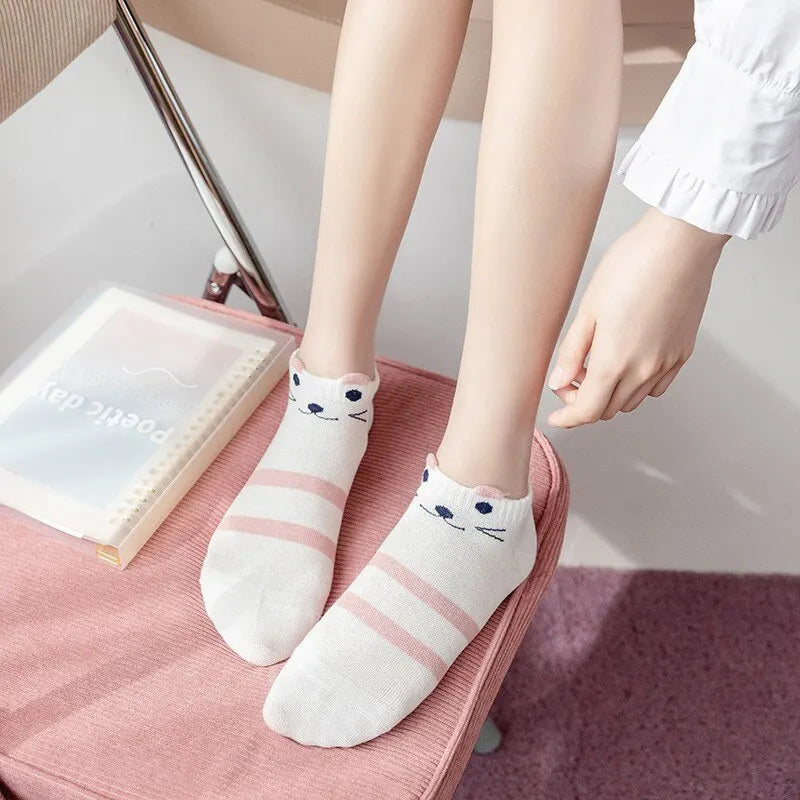 5/10/20 Pairs Women's Short Tube Socks Pink Cat Thin Four Seasons Cute Boat Sockslow Top Ins Trendy Socks