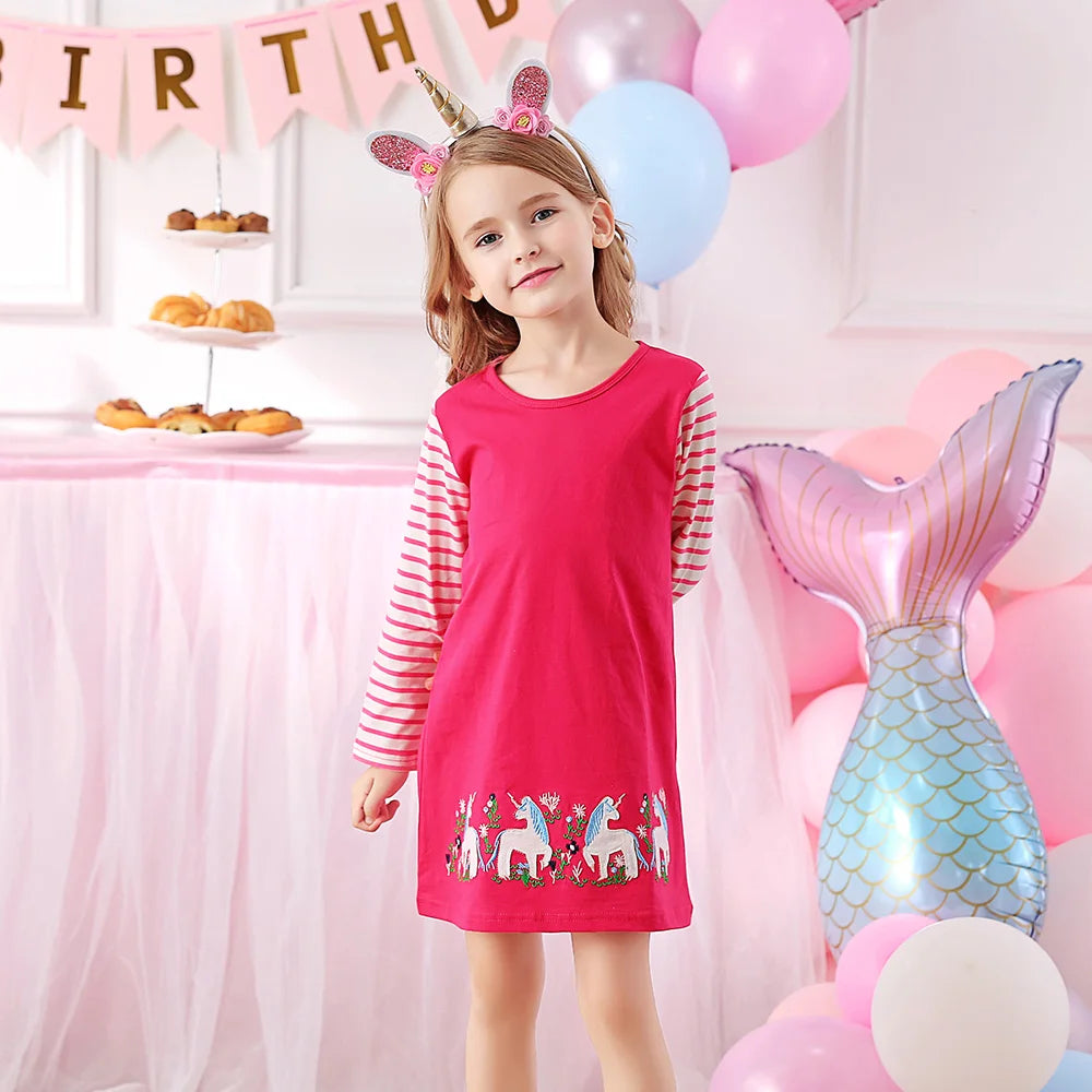 VIKITA Teenagers Straight Dress Kids Cotton Casual Daily School Vestidos Kids Fashion Cute Striped Unicorn Appliqued Pink Dress