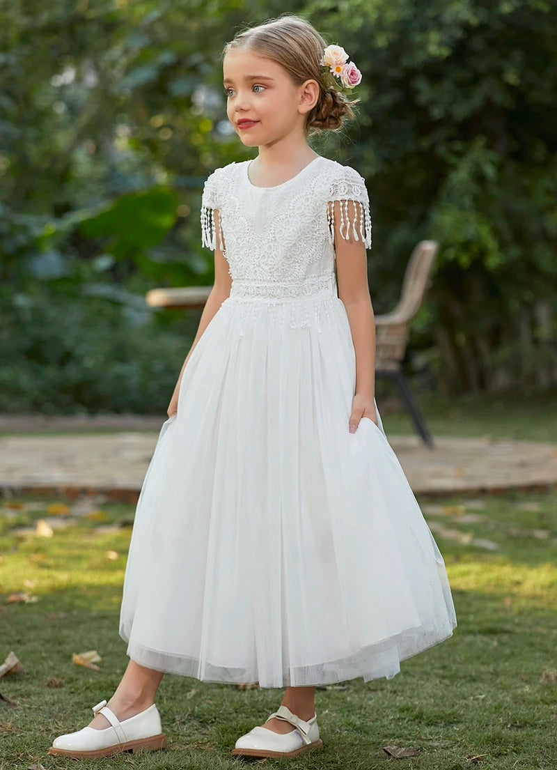 Christmas Girl's New Bohemian Style Lace Tassel Flower Backless Solid Color Fashionable and Atmospheric Gathering Mesh Dress