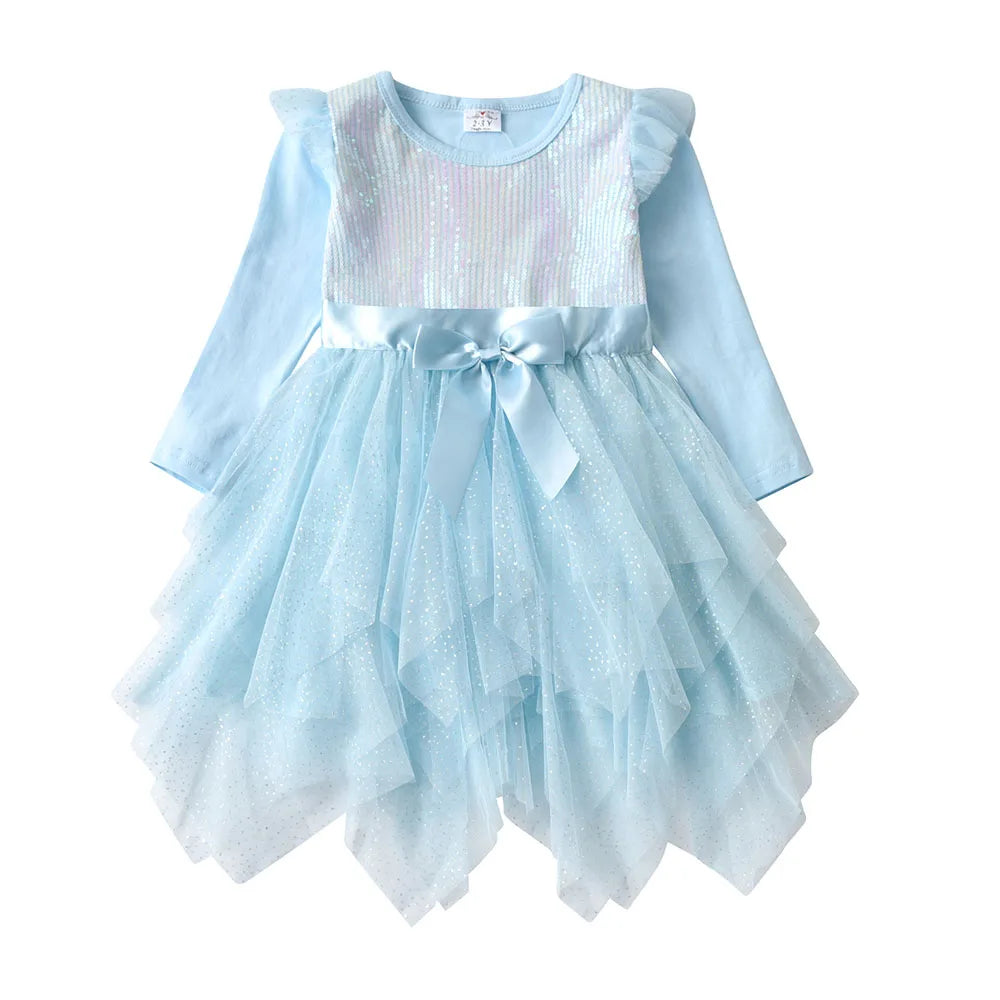 Girls Sparkly Light Blue Long Sleeve Autumn Spring Dress Toddlers Sequins Glittery Irregular Layered Tutu Princess Party Dresses