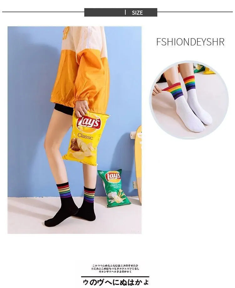 Socks Womens Medium Tube Autumn Ins Trendy Thin Ttriped Rainbow Socks Japanese Cute Candy Color High Top Stocking