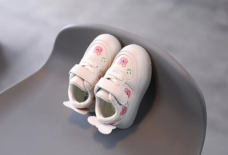 Disney LED Casual Sneakers For Spring Outdoor Cartoon Shoes Children Lighted Non-slip PU Leather Bear White Shoes Size 21-30