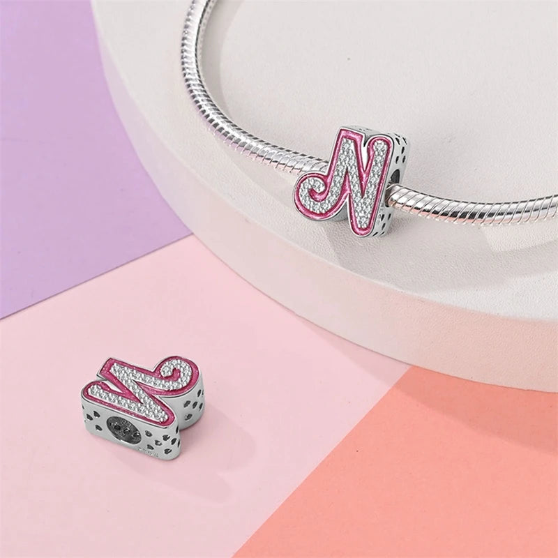 Pink Girl Series 925 Sterling Silver Alphabet Charms Beads Cute Letter Fit Original Bracelet Bangle Necklace DIY Jewelry