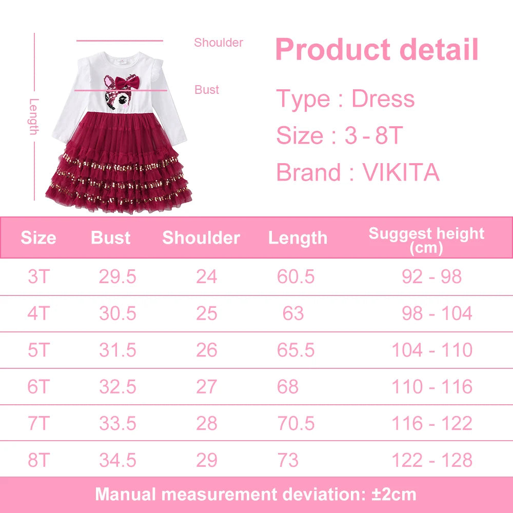 VIKITA Girls Christmas Dress New Year Clothes Kids Princess Tutu Dress Birthday Party Vestidos Children Elk Sequins Red Dresses