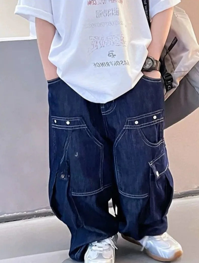 2025 New Boys' Solid Color Jeans - Loose Fit Straight Leg Kids' Long Pants with Pockets, Trendy & Stylish Denim for Active Boys