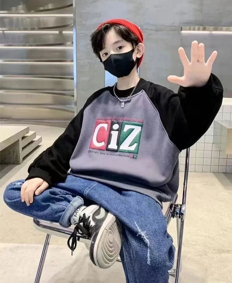 Boys' Medium-Large 2025 New Arrival No Hood Street-Style Korean Trendy Layering Top Kids Sweatshirt for Spring/Autumn